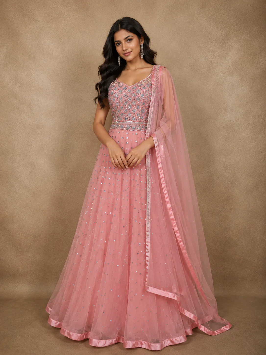 Soft Blush Pink Heavy Sequins Embroidered Design Net Lehenga With Net Dupatta
